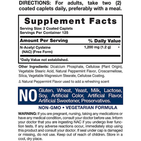 Suplemento NAC 1200 mg 250 cápsulas  N acetil cisteína