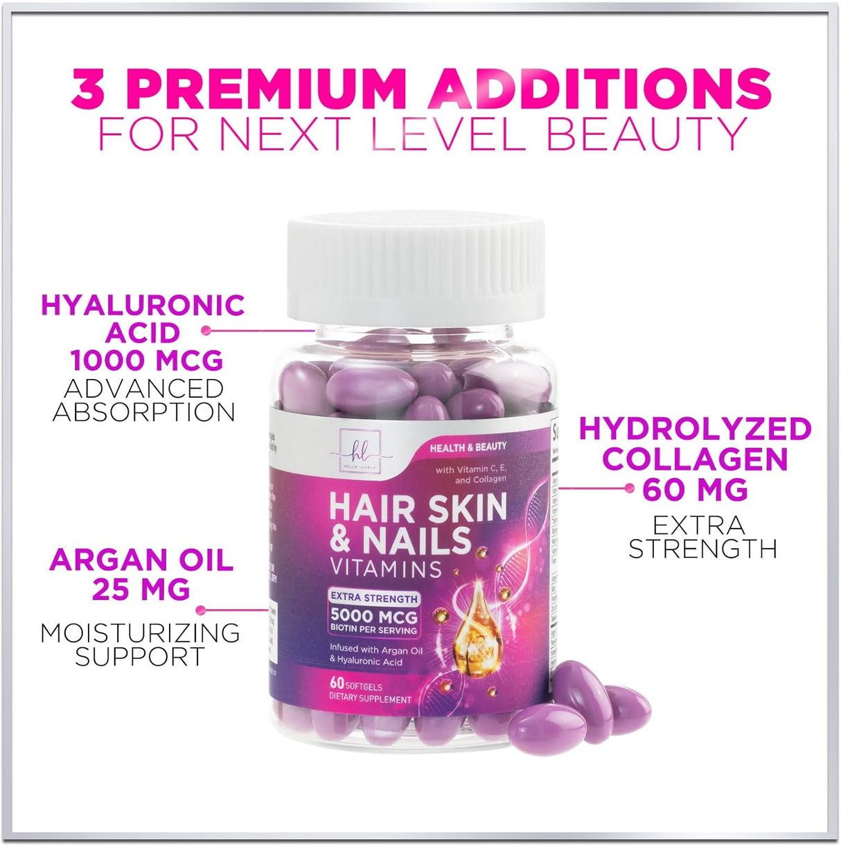 Vitaminas para cabello, piel y uñas - Biotina 5000mcg, 60 cápsulas