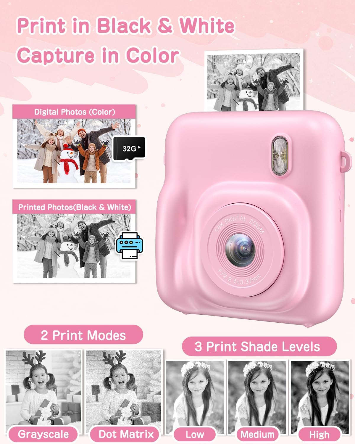 Cámara instantánea para niños 48MP, 1080P, con papel y tarjeta