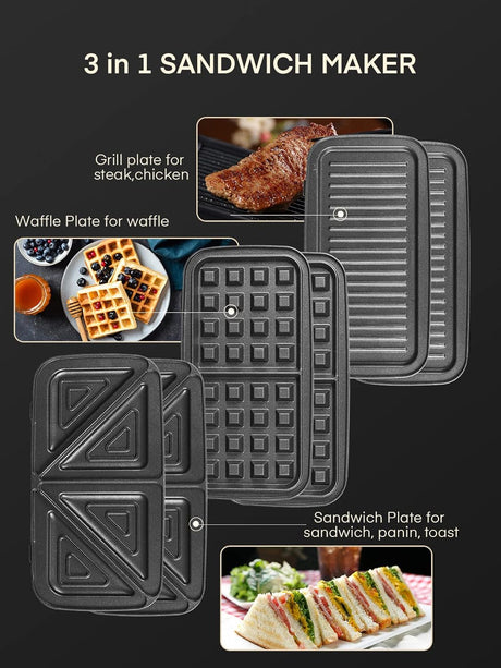 Waffle Maker 3 en 1 FOHERE, 1200W, Placas Removibles, Control T°