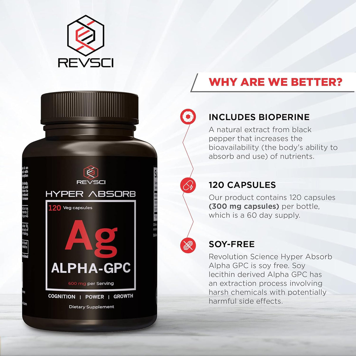 Suplemento Alpha GPC + BioPerine, 600mg, Nootrópico para Memoria