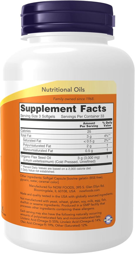 Suplementos de Aceite de Linaza 1,000 mg NOW Foods, 100 Softgels