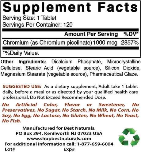 Suplementos Alimenticios Picolinato de cromo 1000 mcg 120