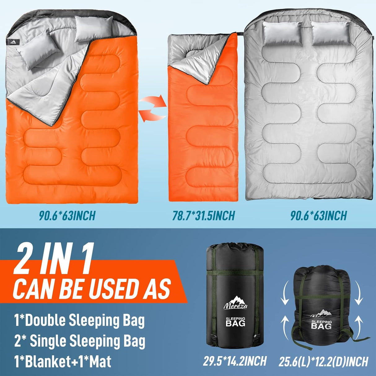 Double Sleeping Bag for Adults with Pillow, XL Queen Size