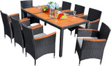 Flamaker Juego de comedor de 9 piezas para patio, mesa y sillas de madera de acacia al aire libre con cojines suaves, muebles de patio de mimbre para terraza, patio trasero, jardín
