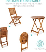 Best Choice Products - Juego de bistró de madera de acacia (3 piezas), muebles plegables adecuados para patio, jardín, balcón, terraza; incluye 2 sillas, mesa auxiliar redonda, terminación teca natural