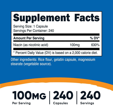 Suplemento Niacina vitamina B3 100 mg 240 cápsula sin gluten