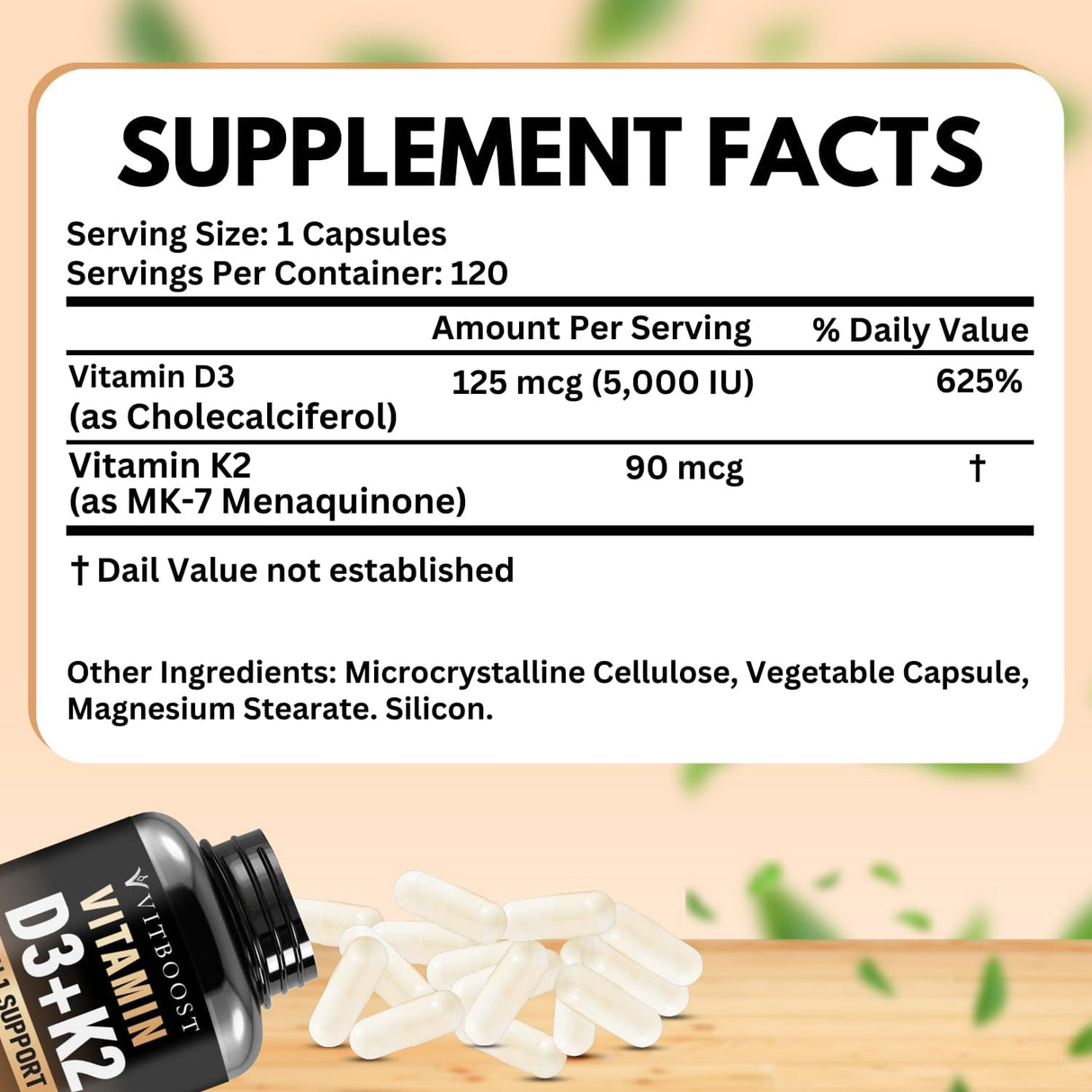 Complejo de Vitamina D3 K2 - Cápsulas 120, Sin Gluten, USA