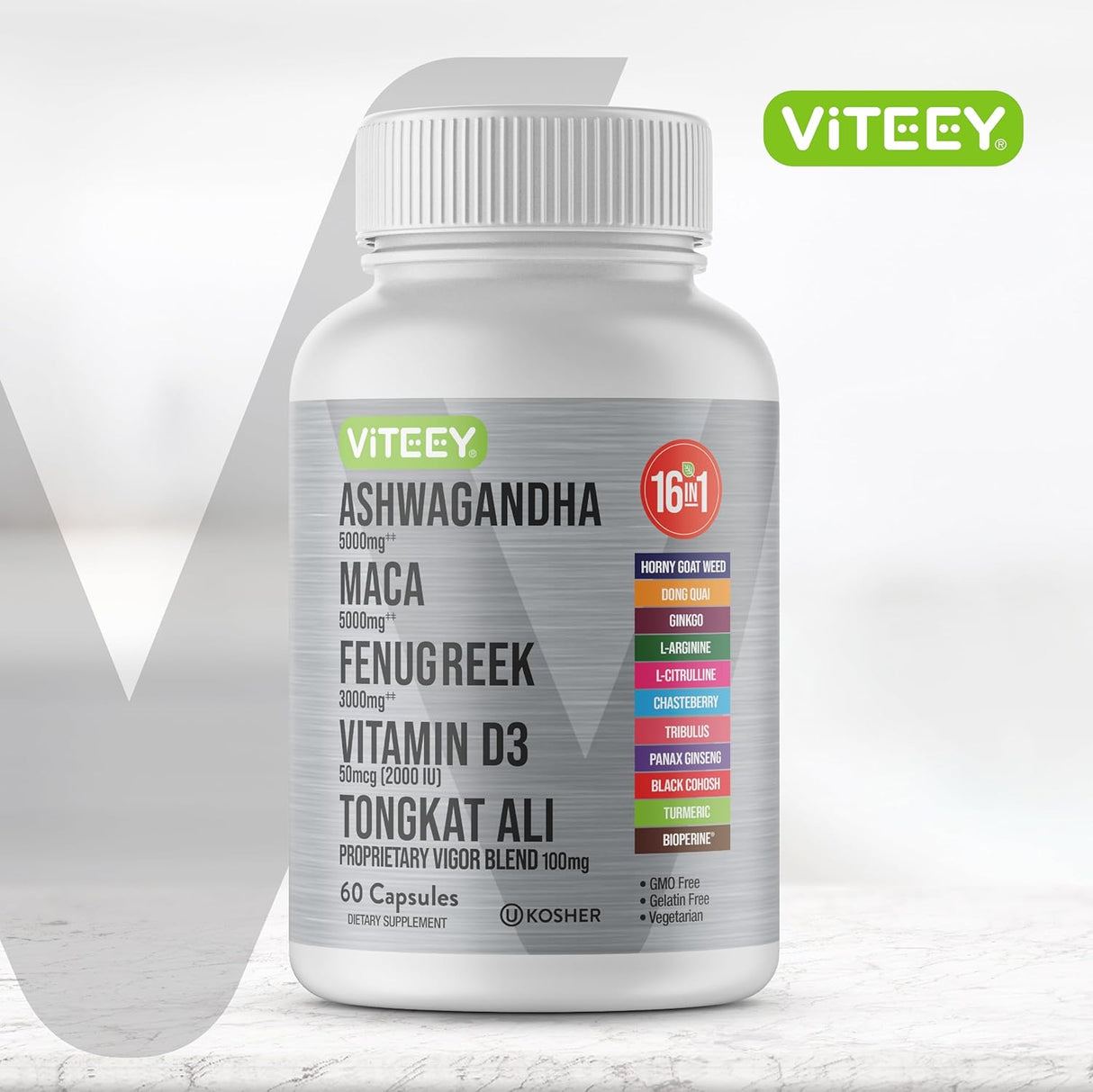 Viteey Ashwagandha 5000mg, Maca, Fenugreek, D3, Tongkat 60 cápsulas