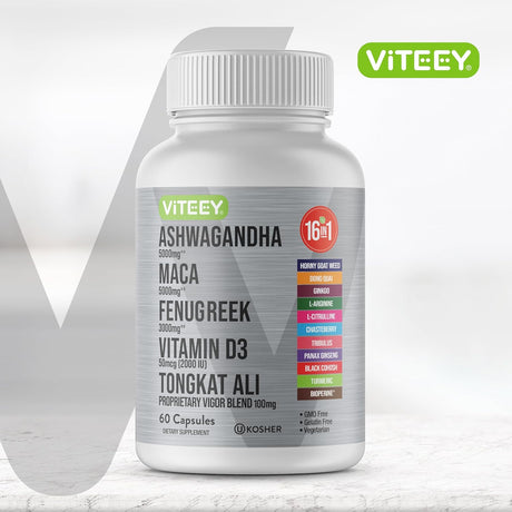 Viteey Ashwagandha 5000mg, Maca, Fenugreek, D3, Tongkat 60 cápsulas