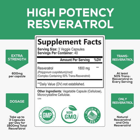 Suplemento Resveratrol 1800 mg por porción antioxidantes 120