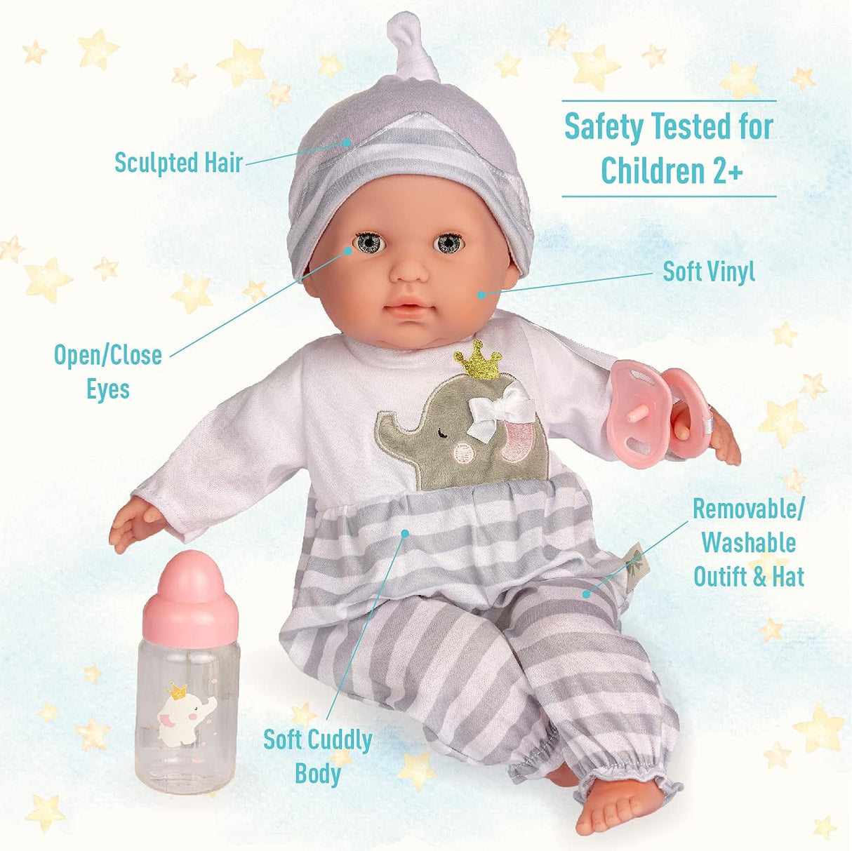 Muñeca suave de 15 JC Toys con ojos abiertos/cerrados, 30036