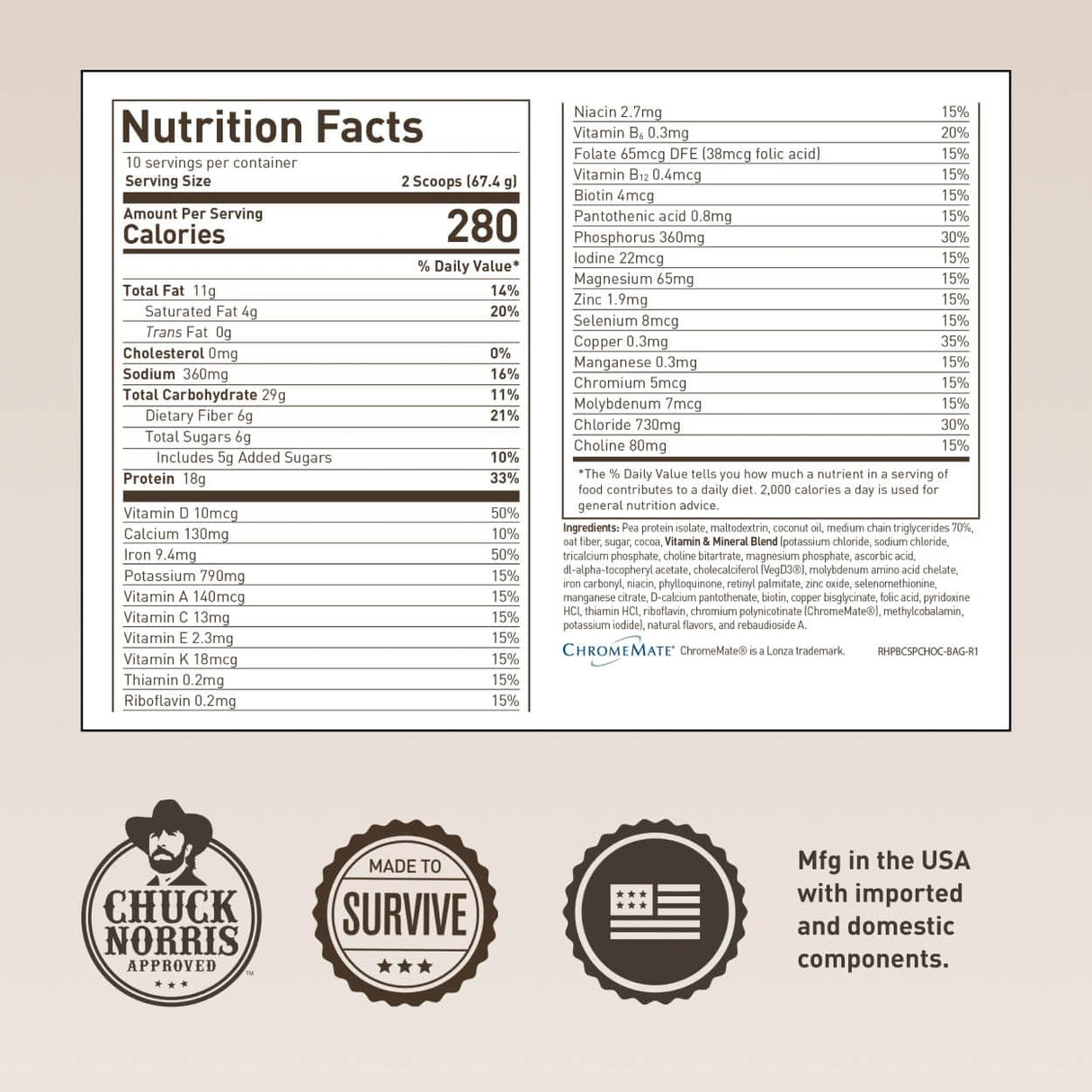 Batido Nutricional Basecamp Chuck Norris, 18g Proteína, 10 Porciones