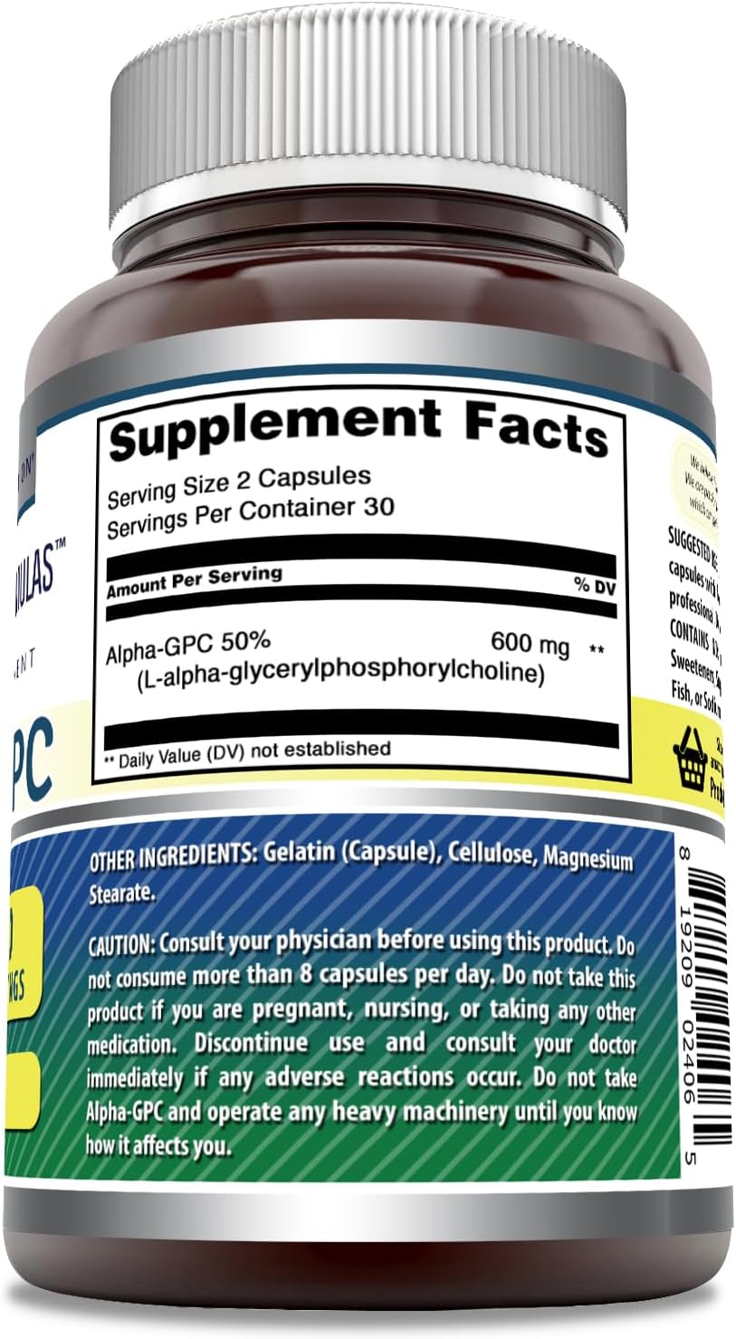 Fórmula Asombrosa Suplemento Alpha GPC 600 Mg Sin OGM, Sin Gluten