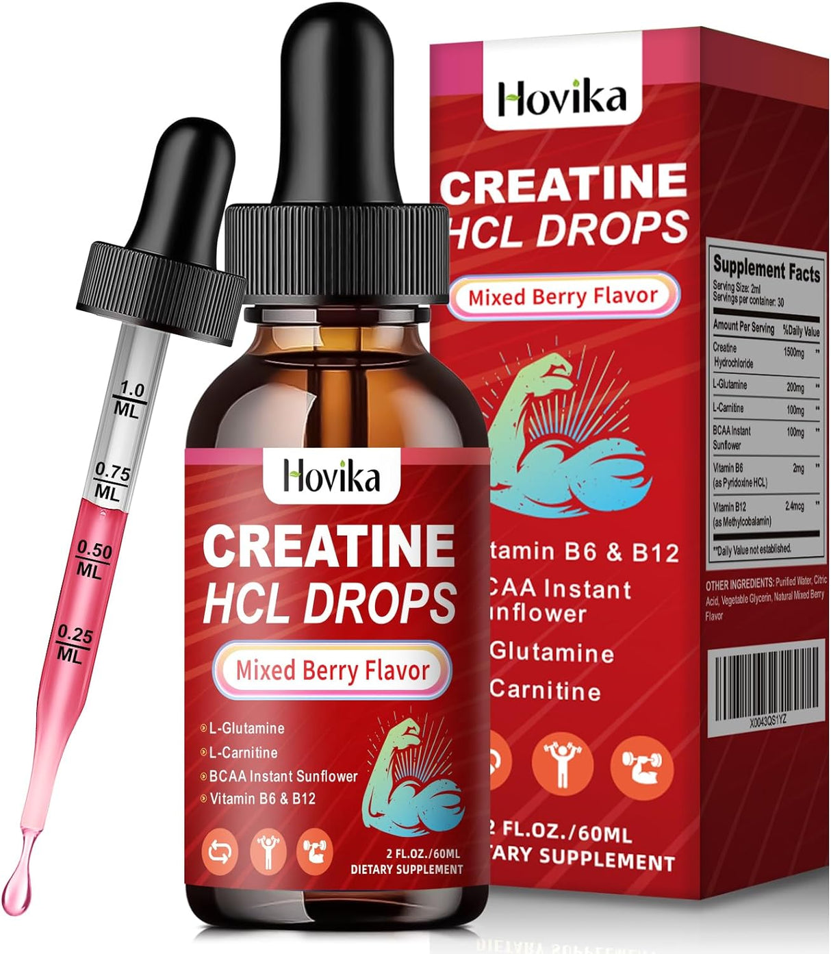 Creatine HCL Liquid Drops for Men &amp; Women, Creatine Hydrochloride with L-Carnitine, L-Glutamine, BCAA, Vitamin B12 &amp; B6 for Muscle Growth &amp; Recovery-Vegan, Mixed Berry Flavor Flavor, 2 Fl Oz