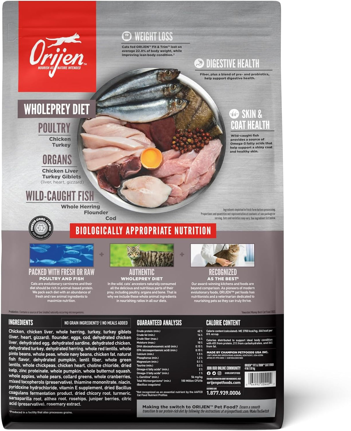 ORIJEN Fit and Trim - Alimento seco para gatos, sin granos, para gatos adultos, con ingredientes de presas integrales, 4 libras