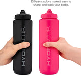 Hydra Cup - Paquete de 4 botellas de agua exprimibles de 32 onzas, sin BPA, para deportes, ciclismo, bicicleta, hidratación rápida por chorro, batidor de alambre incluido