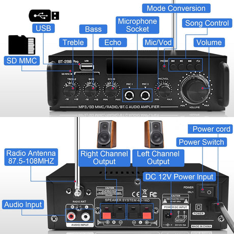Amplificador Estéreo 2.0 Bluetooth 5.0, 800W, Control Remoto