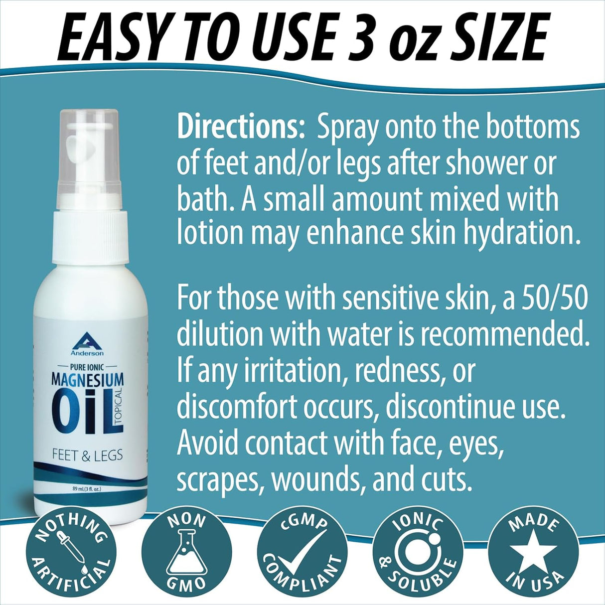 Spray de Magnesio para Pies y Piernas | Made en EE.UU. | Relajación y Alivio, 3oz