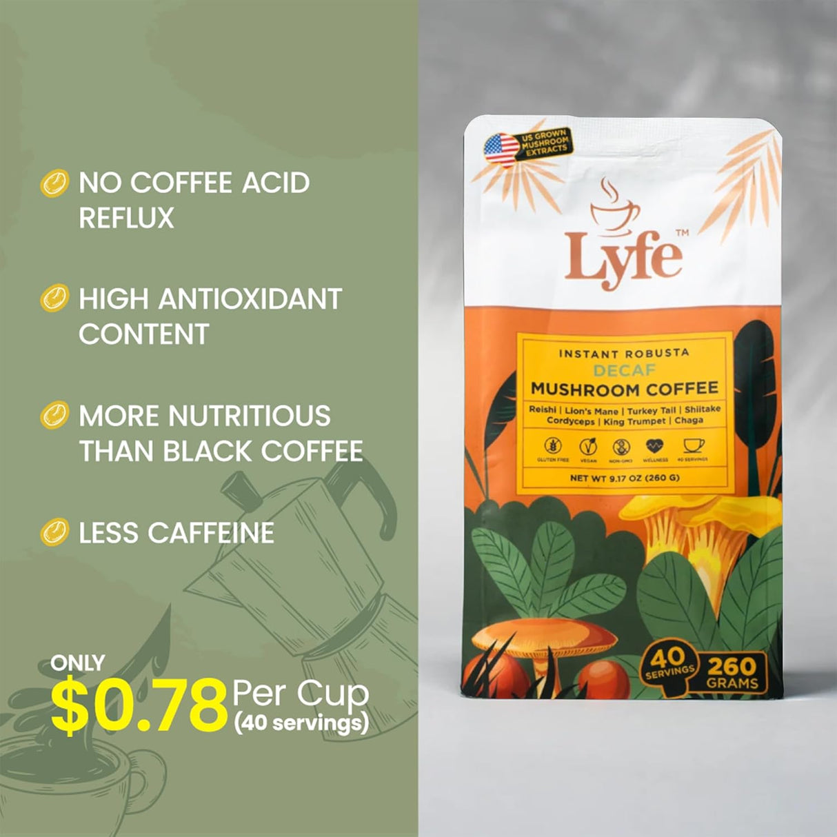 Café Instantáneo LYFE con Hongos, Energía y Enfoque 60g