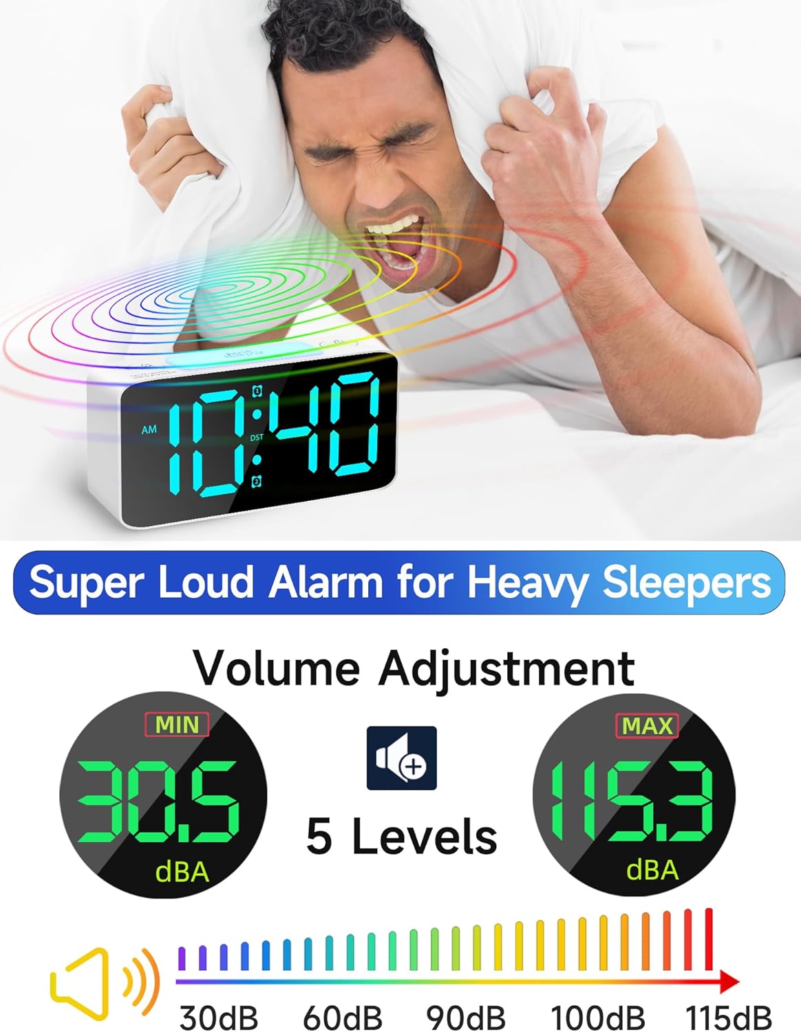 Reloj despertador super fuerte con luz nocturna y carga USB