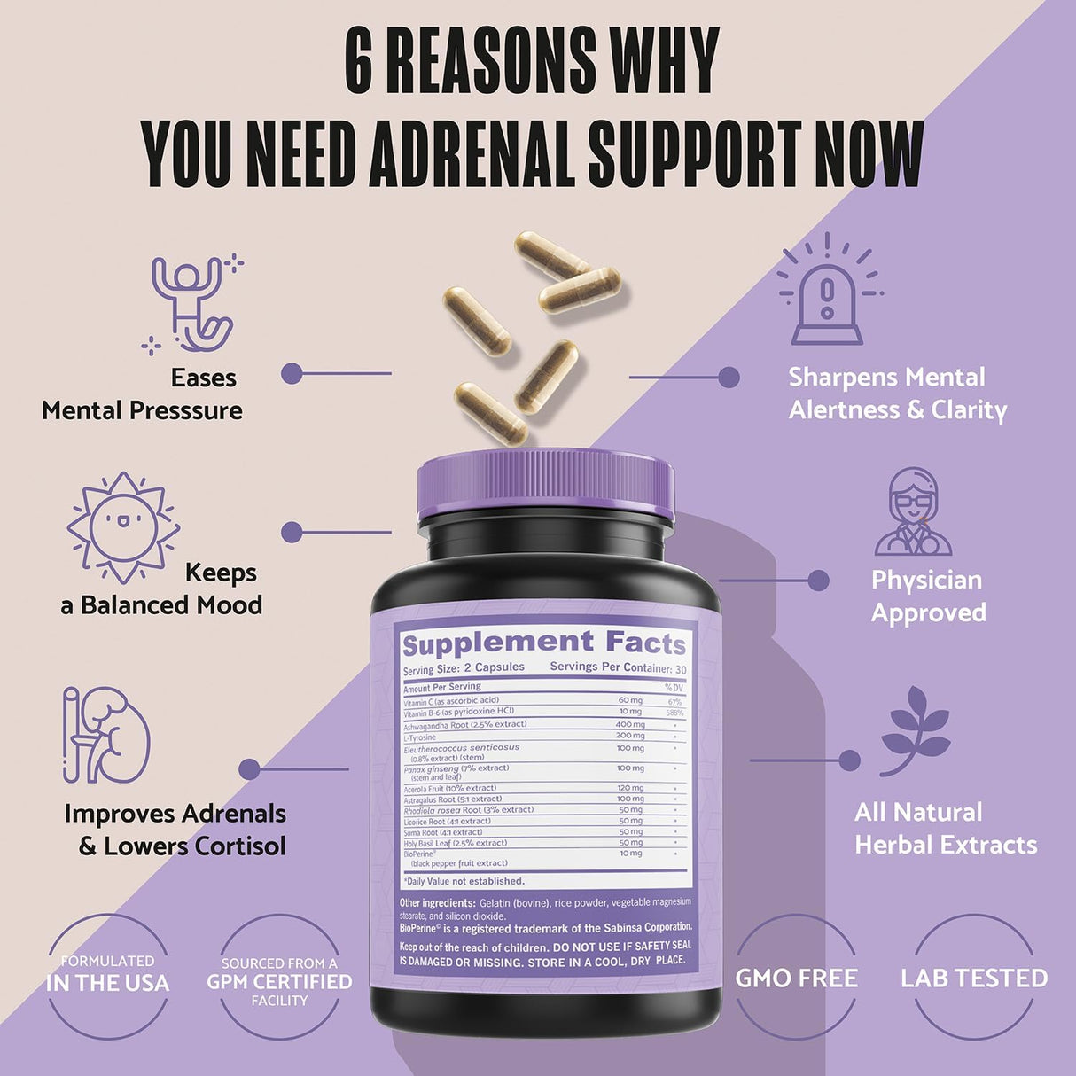 Suplemento de Apoyo Adrenal y Cortisol, Adaptógenos, Ashwagandha, Rhodiola