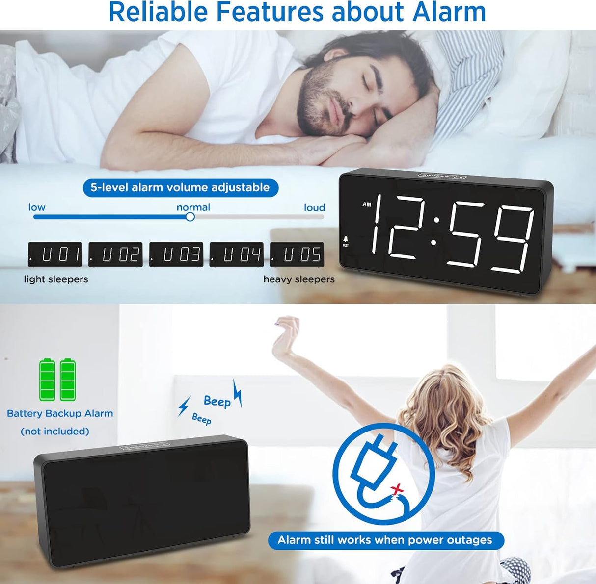 Reloj despertador digital con grandes números y USB, modelo para dormir profundamente