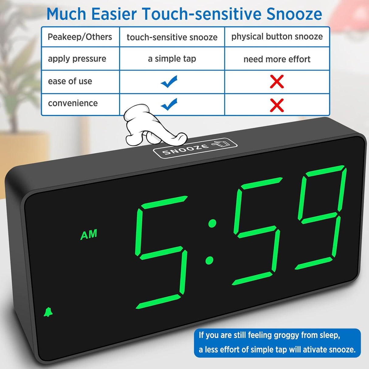Reloj Digital con Alarma, Números Grandes, Puerto USB, Modelo Peakeep
