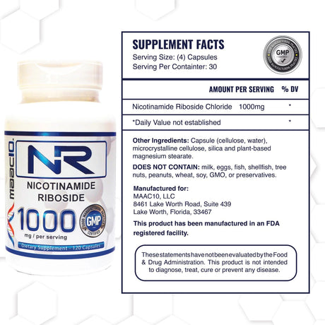 Suplemento Nicotinamida Riboside 1000mg porción 120 cápsulas