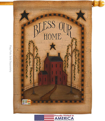 Bandera clásica Bless Our Home House Country Living Primitive Farm Western Barn American Rustic Cowboy Rural Ranch pequeña pancarta decorativa de regalo para patio, fabricada en Estados Unidos, 28 x 40 pulgadas