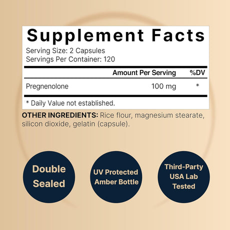 Pregnenolona 100mg, 240 Cápsulas, Alta Absorción, No GMO