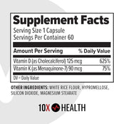 Suplemento D3 K2 10X Health - 125 mcg D3, 90 mcg K2 - 60 cápsulas