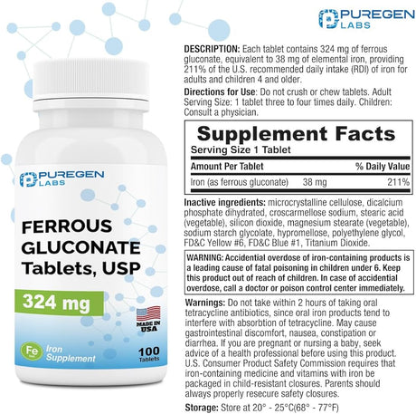 Suplemento Puregen Labs Gluconato ferroso 324 mg 100 un