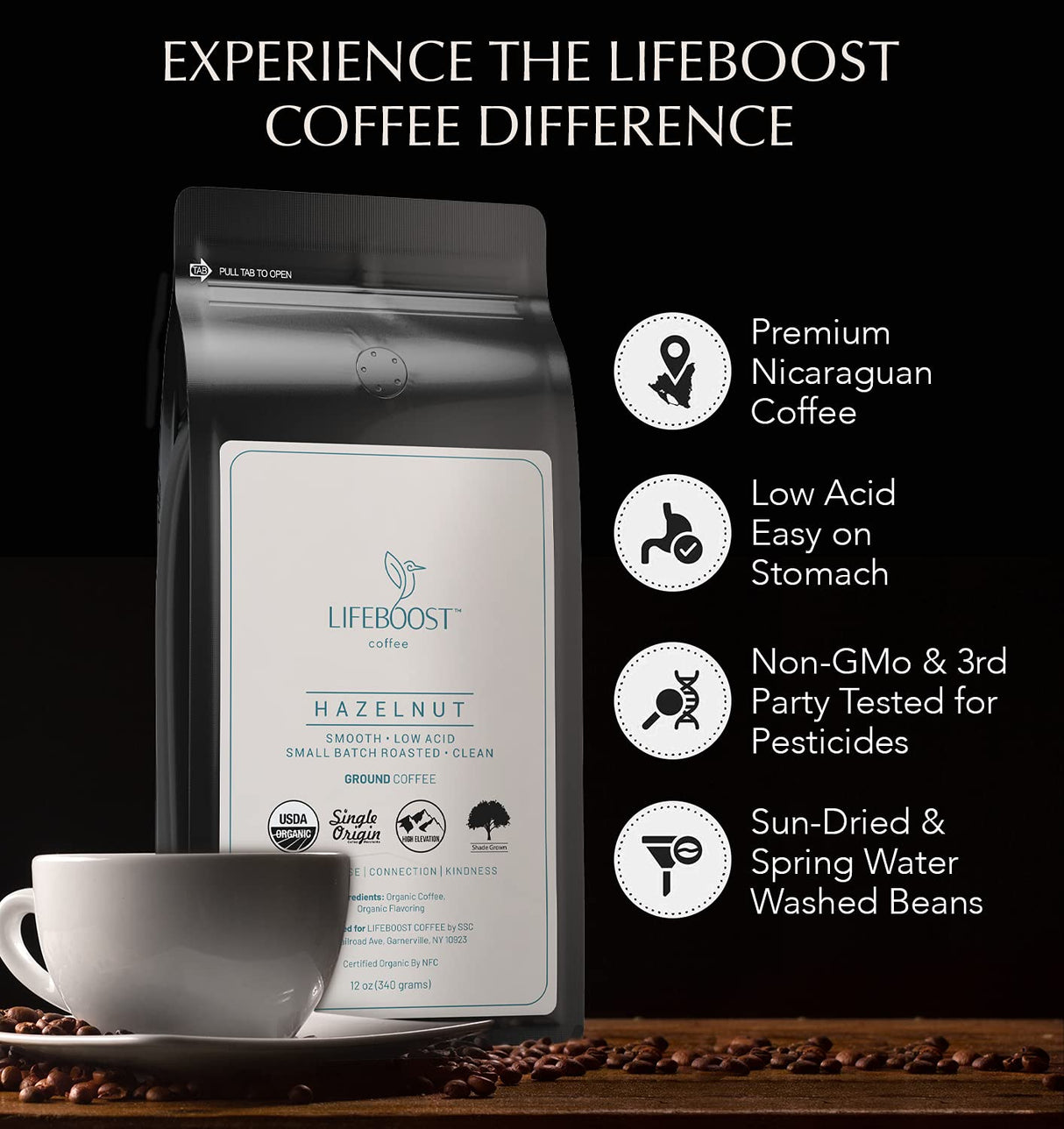 Café Molido Lifeboost Hazelnut - Orgánico, Bajo Acidez, 12 oz