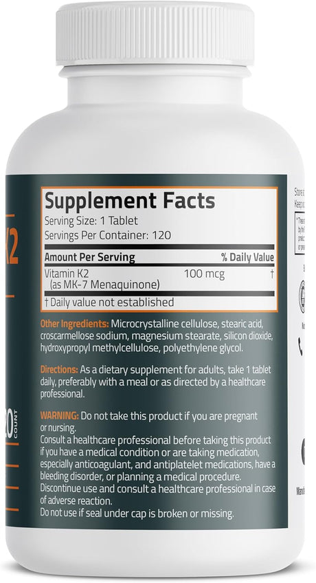 Suplemento de Vitamina K2 MK-7 Bronson, 100 MCG, 120 Tabletas