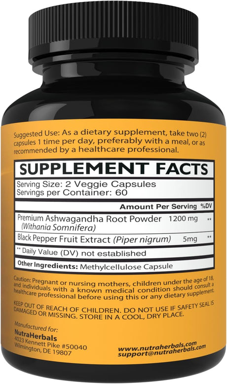 Suplemento de Ashwagandha 1200mg con Pimienta Negra - 120 Caps