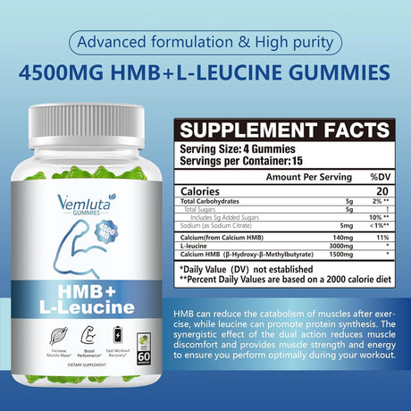 Suplementos de HMB y Leucina en Gummies, 2 Packs, 120u