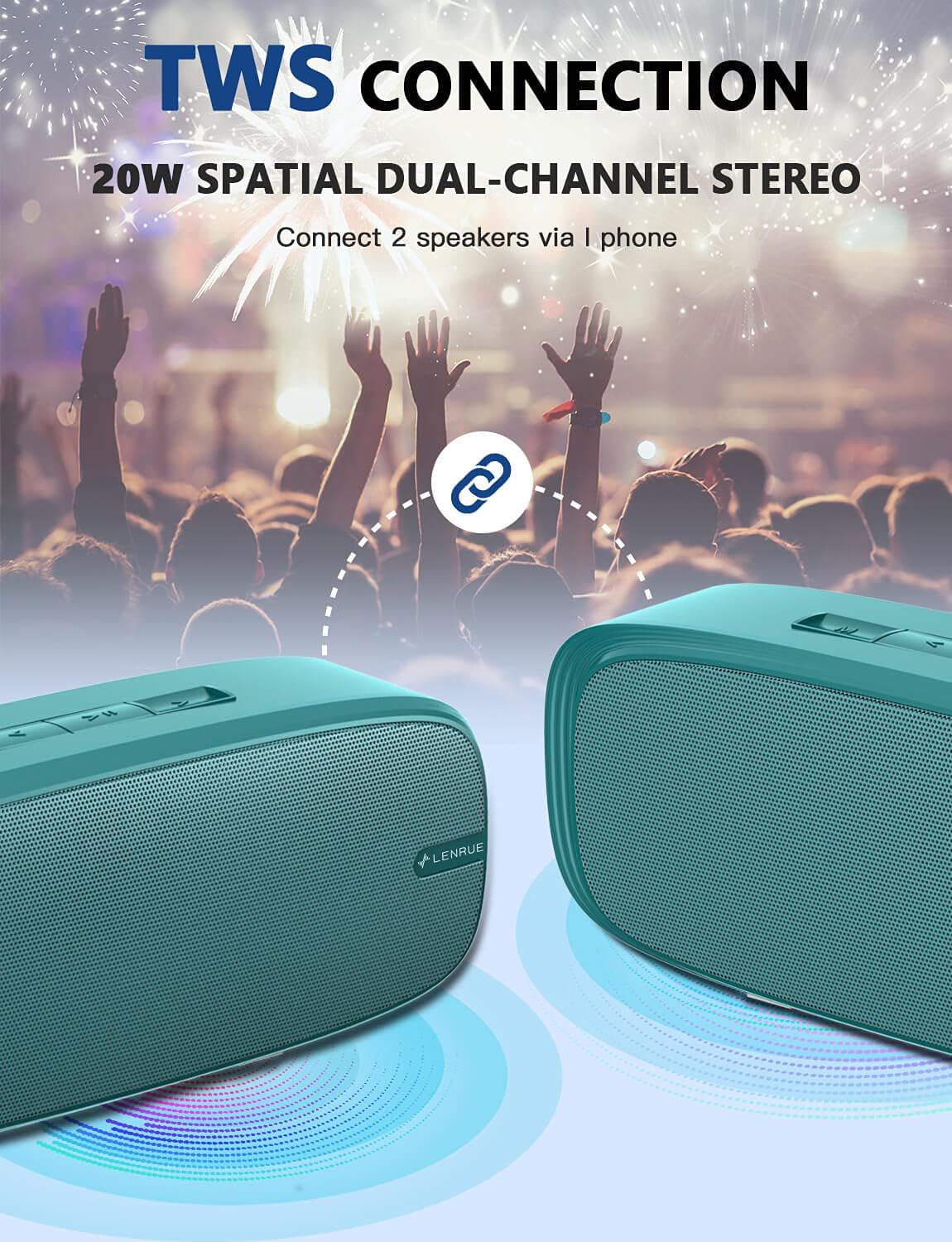 Altavoz Bluetooth LENRUE, Sonido Estéreo, 12H Reproducción, Verde