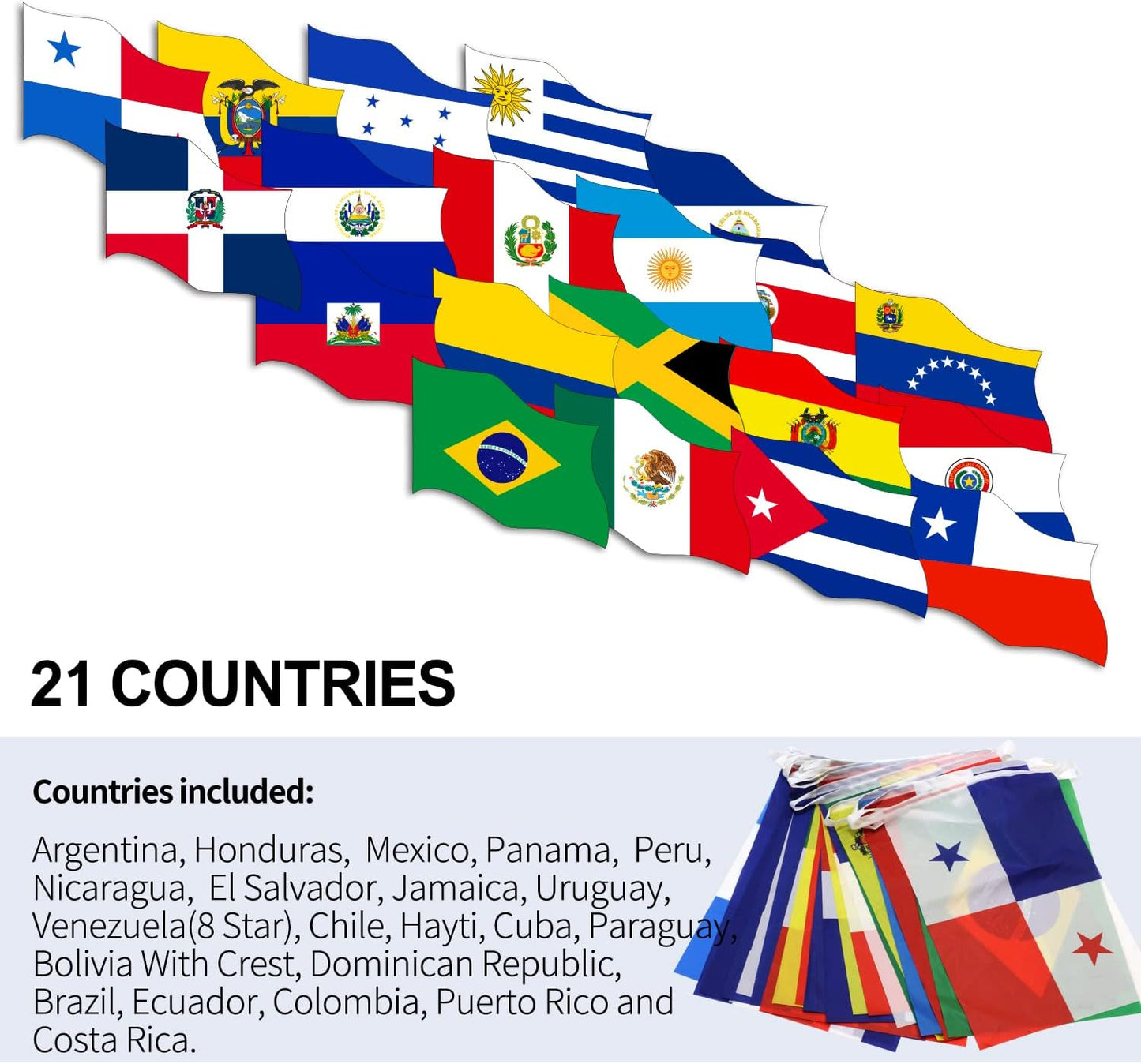 Anley Banderas de cadena de 21 países de América Latina, varios pancartas de bandera latina para el patrimonio del mes hispano, eventos internacionales, conferencias, decoración de fiestas, barras deportivas, 30 pies, 21 banderas