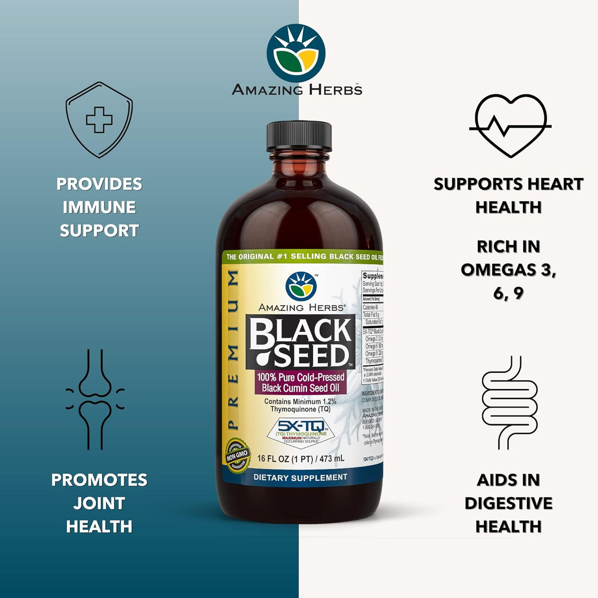 Aceite de Semilla Negra - Amazing Herbs - Salud Digestiva - 16 Fl Oz