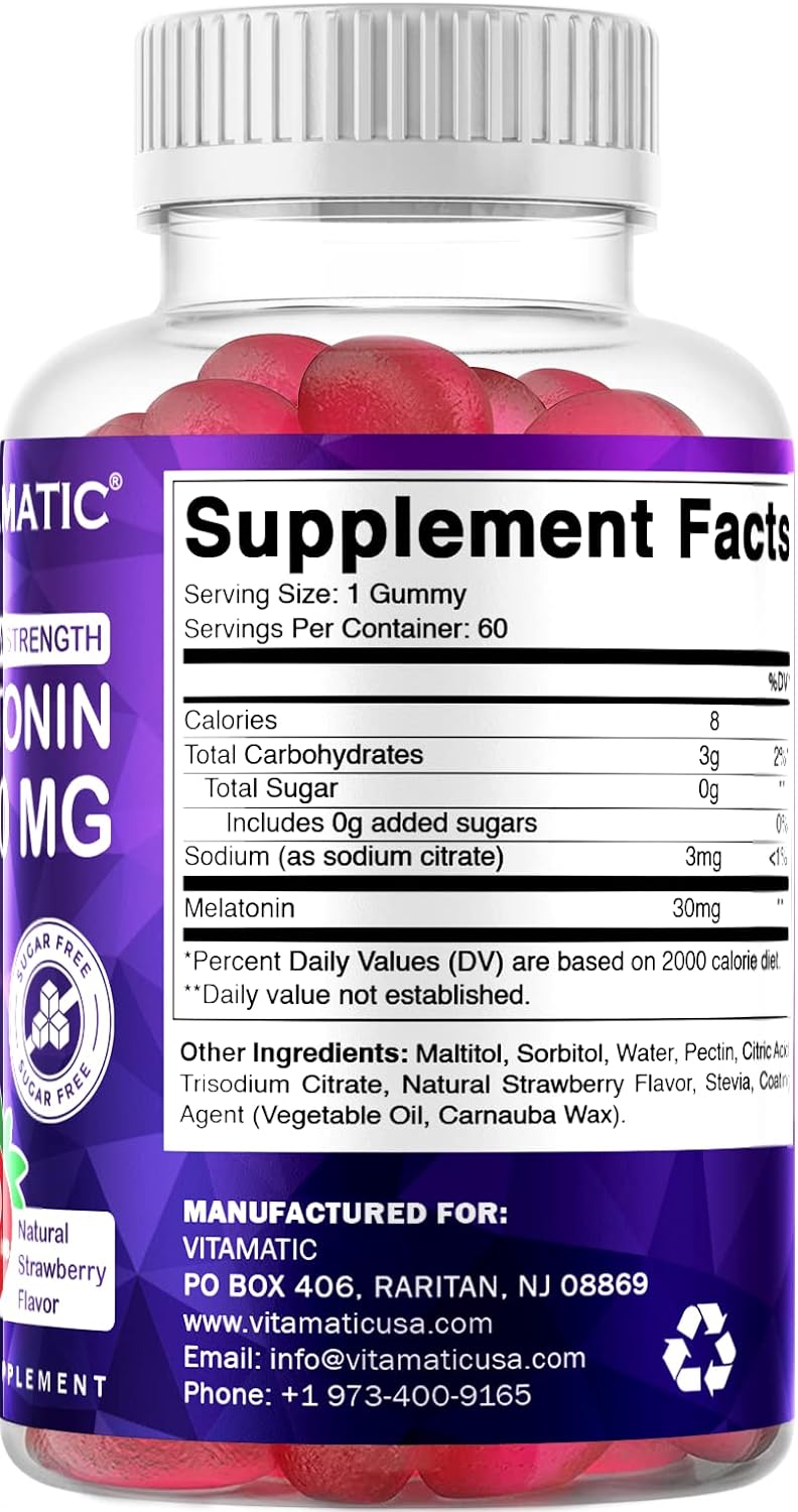 Vitamatic Melatonina sin azúcar, 30 mg por gomita, 60 porciones, 60 gomitas vegetarianas, suplemento que no forma hábito