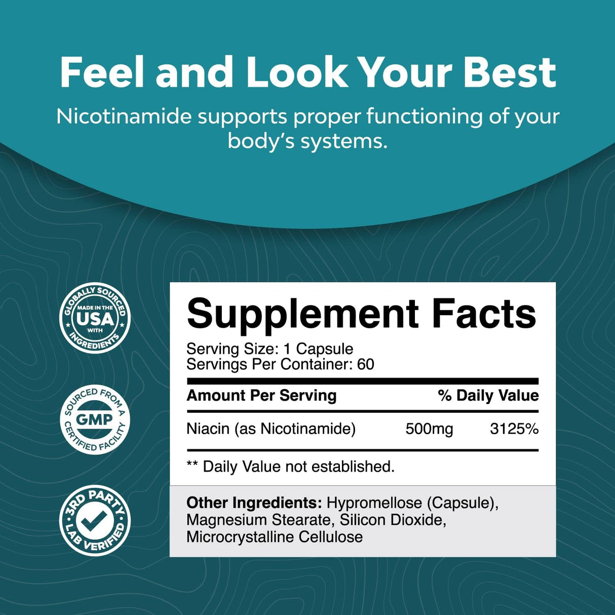 Suplemento Vitamina B3 Nicotinamida 500 mg   60 unidades