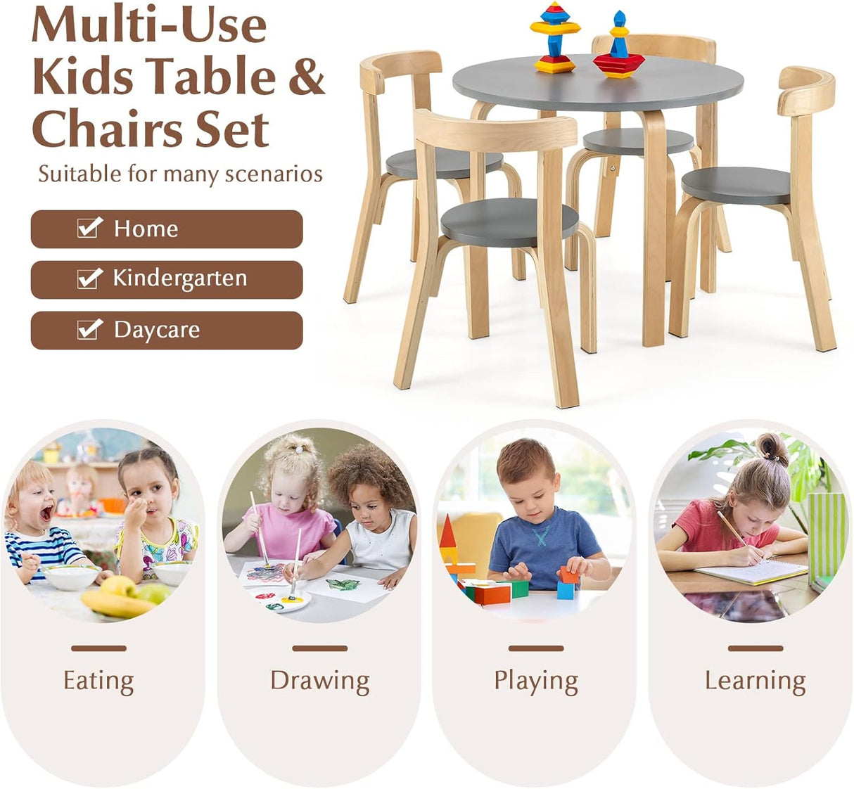 Mesa de actividades de madera de 5 piezas con 4 sillas