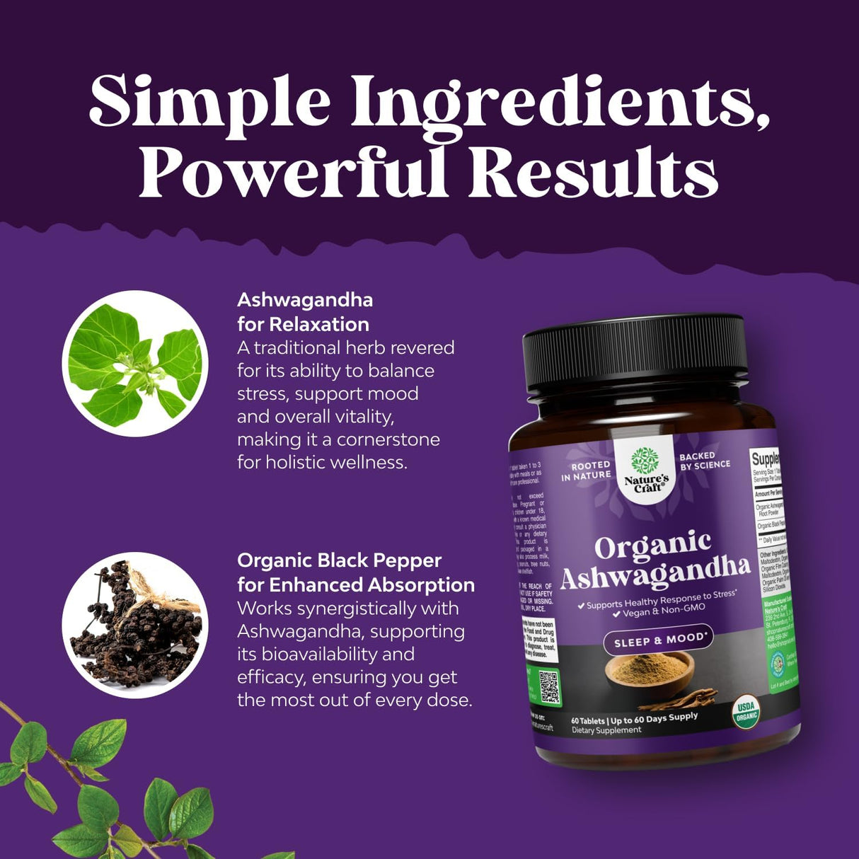 Suplemento de Ashwagandha Nature's Craft - 60 Tablets Vegan