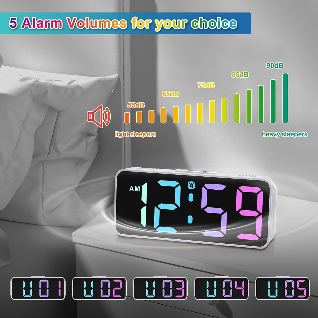 Reloj Despertador Digital Pequeño, Pantalla RGB, Dimmable