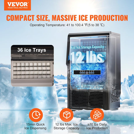Máquina de Hielo, 70 lbs/24H, 36 Cubos en 12-15 Minutos