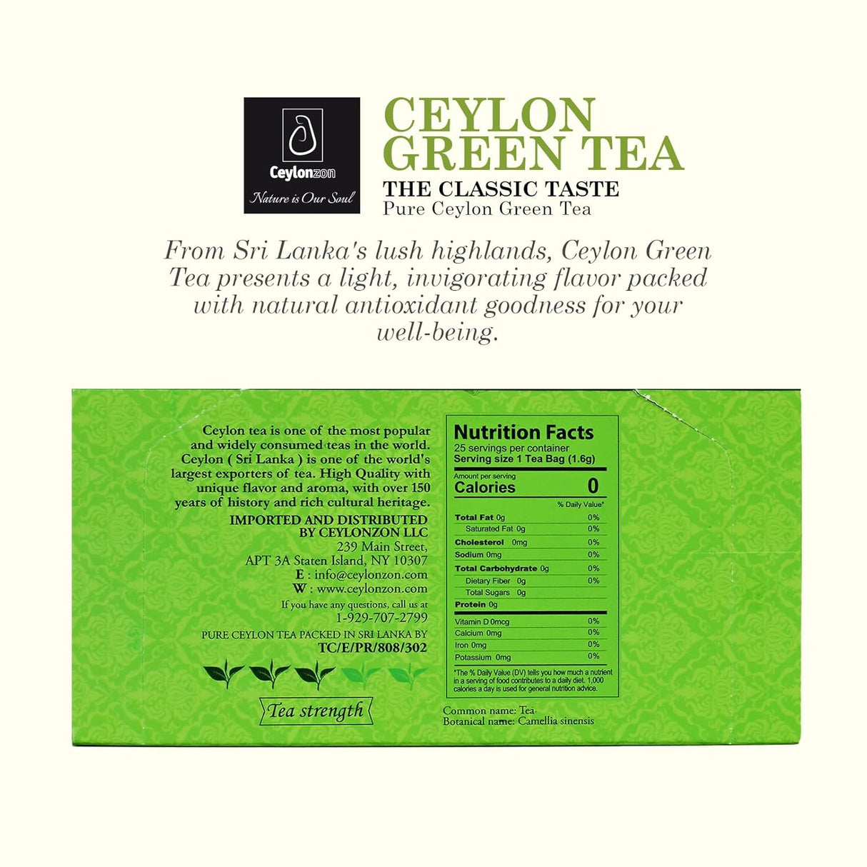 Ceylonzon Té Verde Premium 25 Bolsas, Sabor Natural 40g