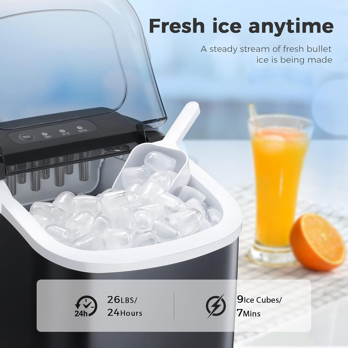 Máquina de Hielo Portátil, Auto-limpiante, 9 Cubos en 7 Mins
