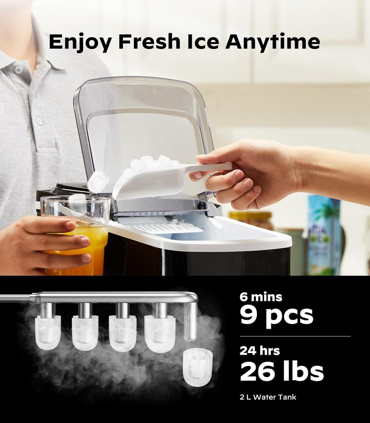 Máquina de Hielo Silonn, Compacta, Wi-Fi, 9 Cubos en 6 Min.
