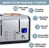 CUSIMAX Tostadora de 4 rebanadas, acero inoxidable, pantalla LED ultra clara y ranuras extra anchas, con paneles de control dobles de 6 ajustes de sombra, función de cancelación/bagel/descongelación, bandejas extraíbles para migas, color negro